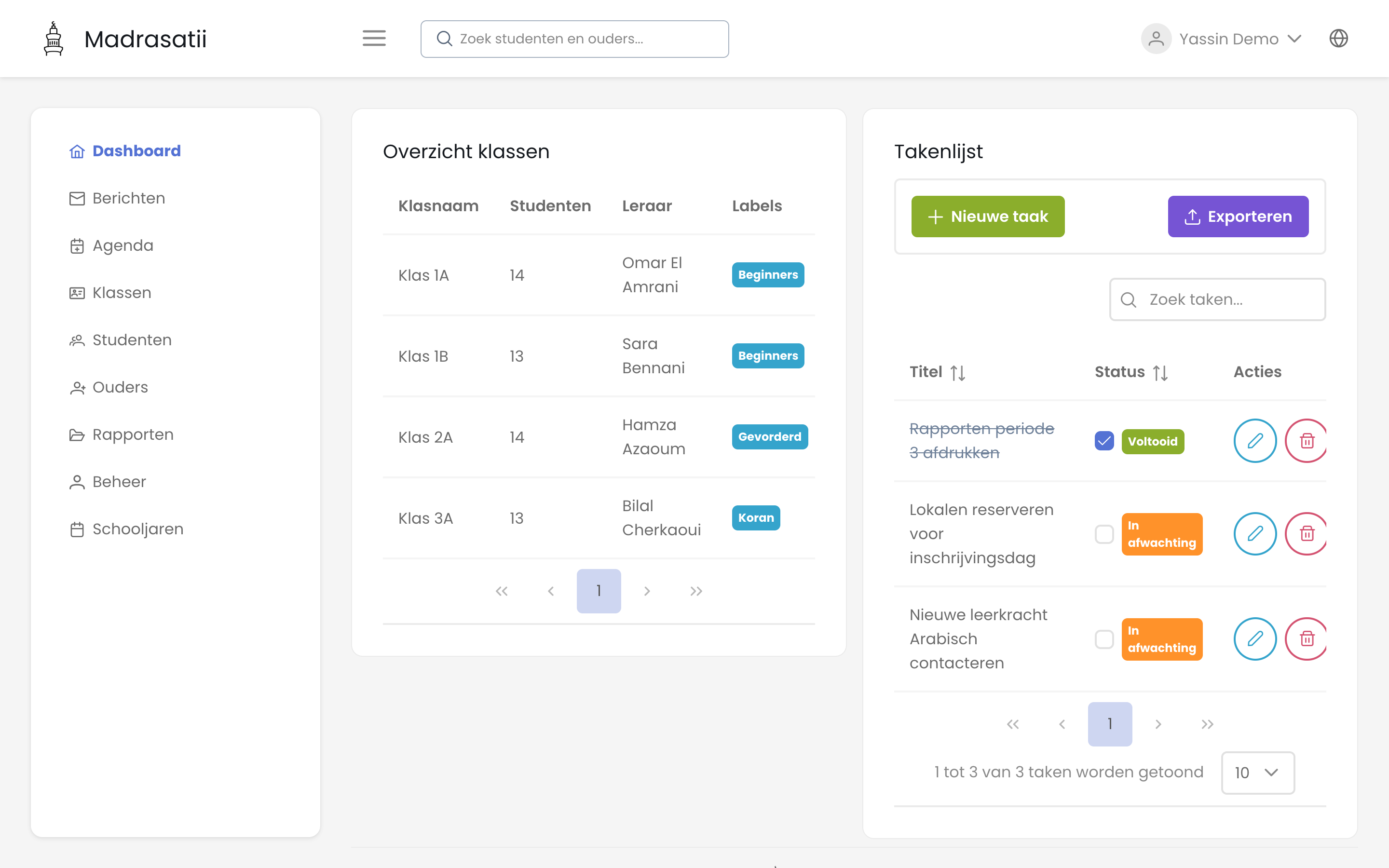 Het beheerdersdashboard van een demoschool in Madrasatii